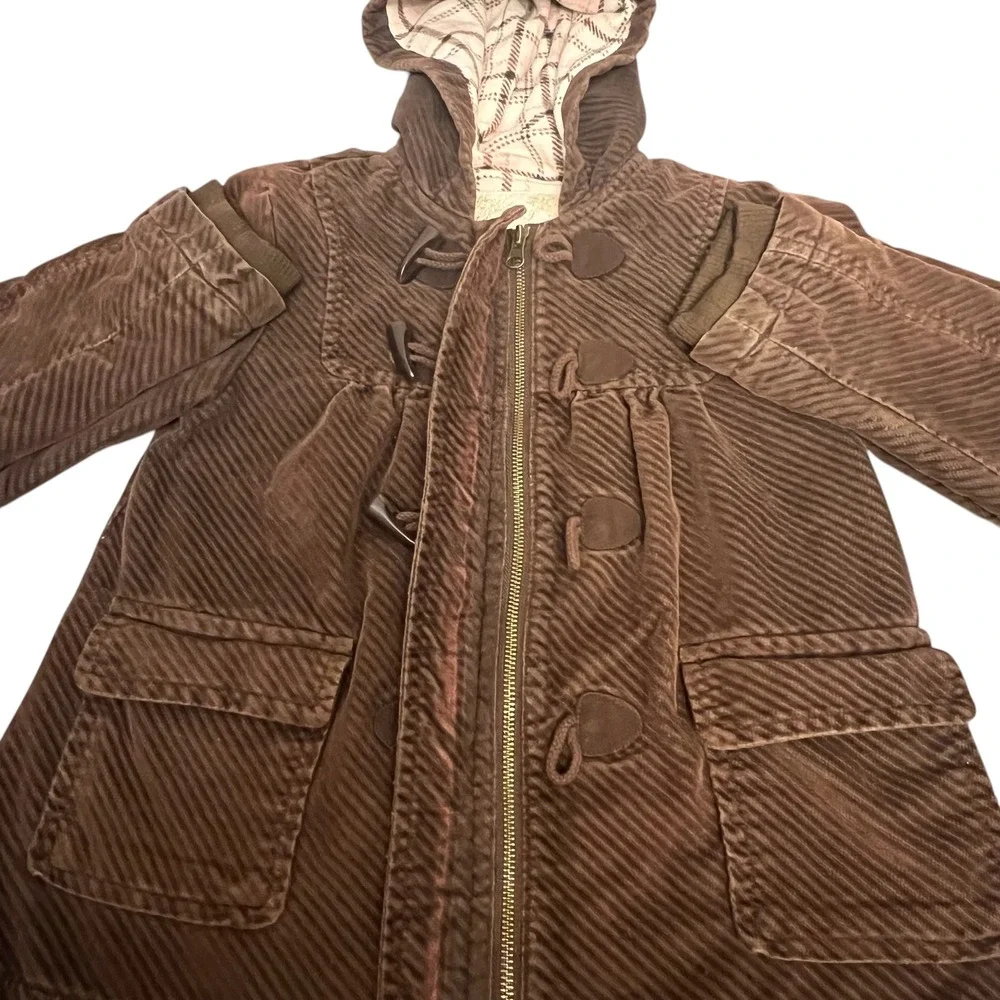 Old Navy Kids Brown Corduroy‎ Toggle Duffle Coat Hooded Plaid Fleece Lined Large